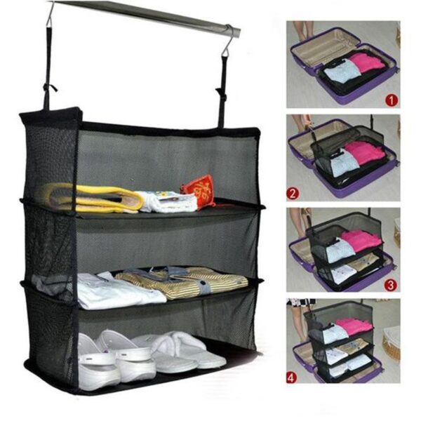 3 Layers Packable Pockets Wardrobe Storage Organiser Suitcase Hanging Shelves