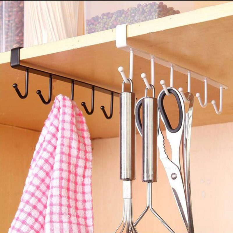 Cabinet Under Shelf 6 Hooks Iron Hanging Rack 2