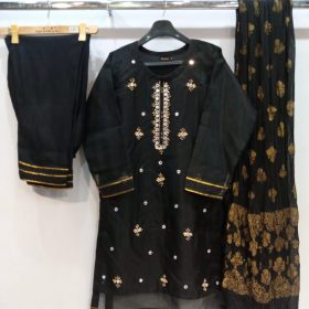 3 Piece Suit Organza Shirt With Chiffon Dupatta - Black