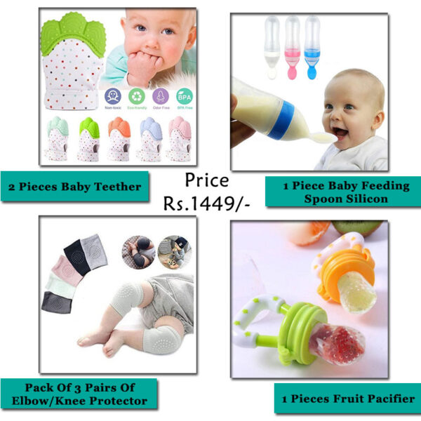 Combo Deal 3 - Pack Of 4 (2 Piece Baby Teether, 1 Baby Spoon, 3 Pairs Baby Knee Pad, 1 Fruit Pacifier)