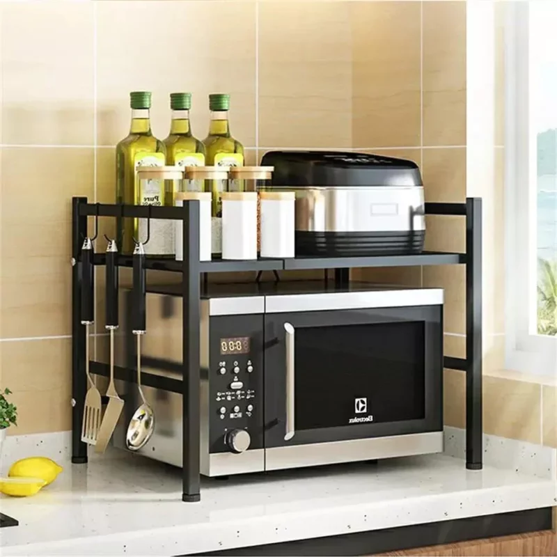 Expandable And Height Adjustable 2 Tier Kitchen Counter Microwave Shelf Organizer With 3 Hooks 1