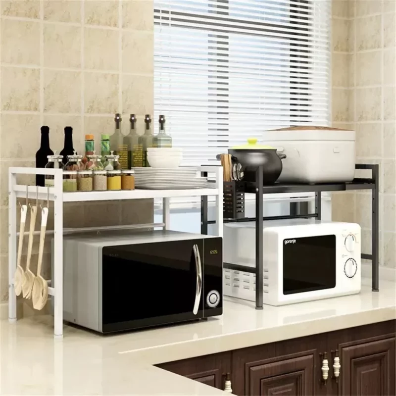 Expandable And Height Adjustable 2 Tier Kitchen Counter Microwave Shelf Organizer With 3 Hooks 2