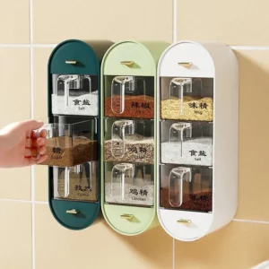1pc, Spice Jars, Wall Mounted Seasoning Containers, Plastic Spice Jars, Punch-free Spice Box With Spoon