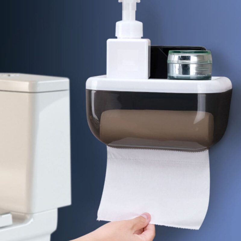 Wall Mounted Waterproof Toilet Paper Roll Holder with Storage Shelf – Bathroom Organizer Box 1