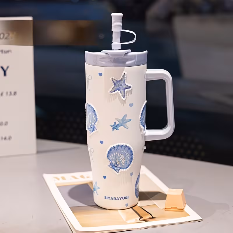 3D Seashell & Pearl Stainless Steel Tumbler – 40oz Insulated Drinking Cup with Straw 3D Seashell & Pearl Stainless Steel Tumbler – 40oz Insulated Drinking Cup with Straw