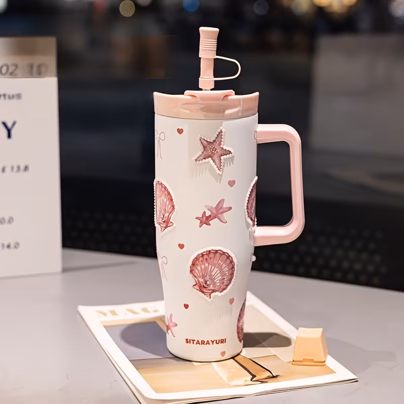 3D Seashell & Pearl Stainless Steel Tumbler – 40oz Insulated Drinking Cup with Straw