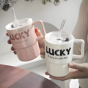380ml Lucky Cup with Lid & Straw – Reusable Glass Drinking Cup for Travel & Daily Use