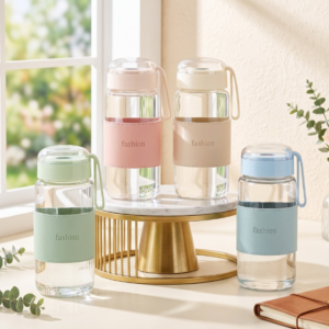 400ml Borosilicate Glass Water Bottle – Leak-Proof Lid with Protective Sleeve & Carry Strap