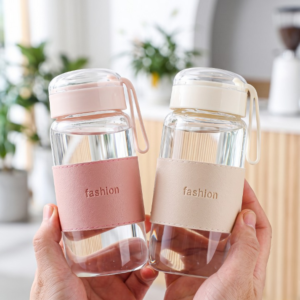 400ml Borosilicate Glass Water Bottle – Leak-Proof Lid with Protective Sleeve & Carry Strap