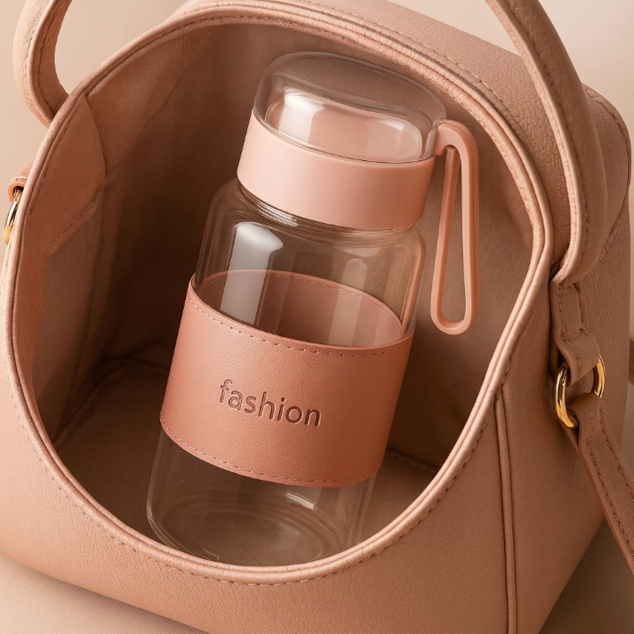 400ml Borosilicate Glass Water Bottle – Leak-Proof Lid with Protective Sleeve & Carry Strap