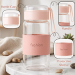 400ml Borosilicate Glass Water Bottle – Leak-Proof Lid with Protective Sleeve & Carry Strap