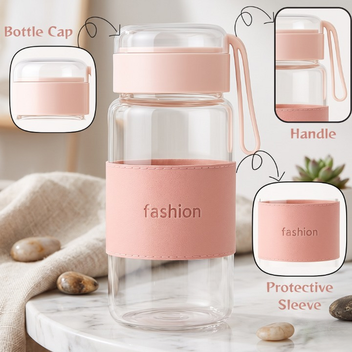 400ml Borosilicate Glass Water Bottle – Leak-Proof Lid with Protective Sleeve & Carry Strap