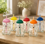 Cute Bear Glass Cup with Lid & Reusable Straw
