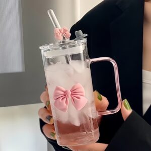 Bow Design Glass Tumbler with Bamboo Lid & Reusable Straw – Cute Drinking Cup for Iced Coffee, Juice & Smoothies