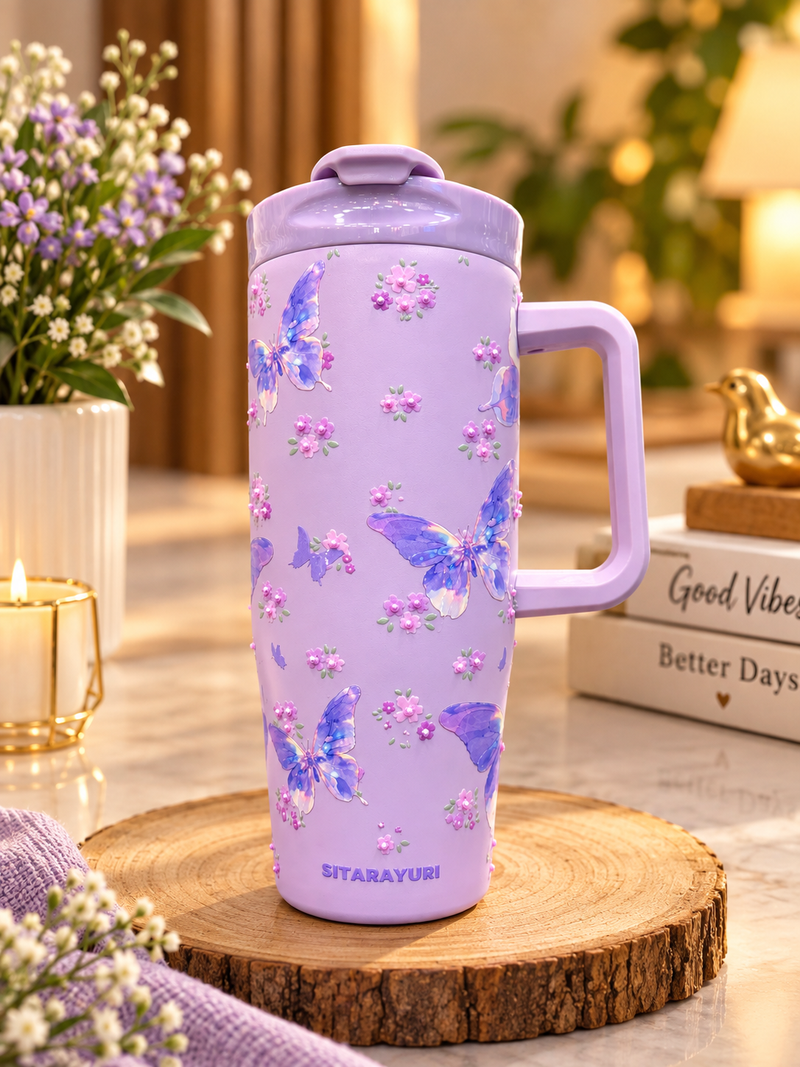 Lilac Butterfly Vacuum Tumbler 40oz – Premium Travel Cup for Hot & Cold Beverages