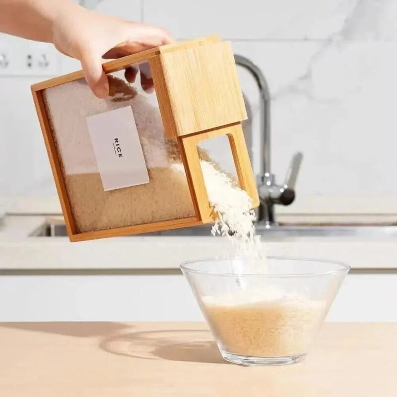 Bamboo Grain Storage Box – Airtight Square Container for Rice & Cereal